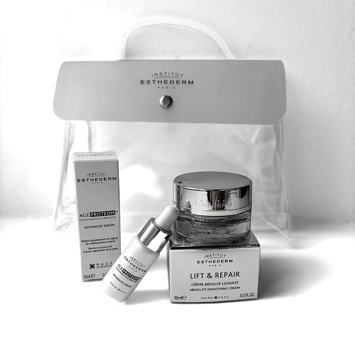 Institut Esthederm Travel Kit anti-età - Siero Age Proteom 5 ml + Crema Lift & Repair 10 ml con pochette | ETHRÒ